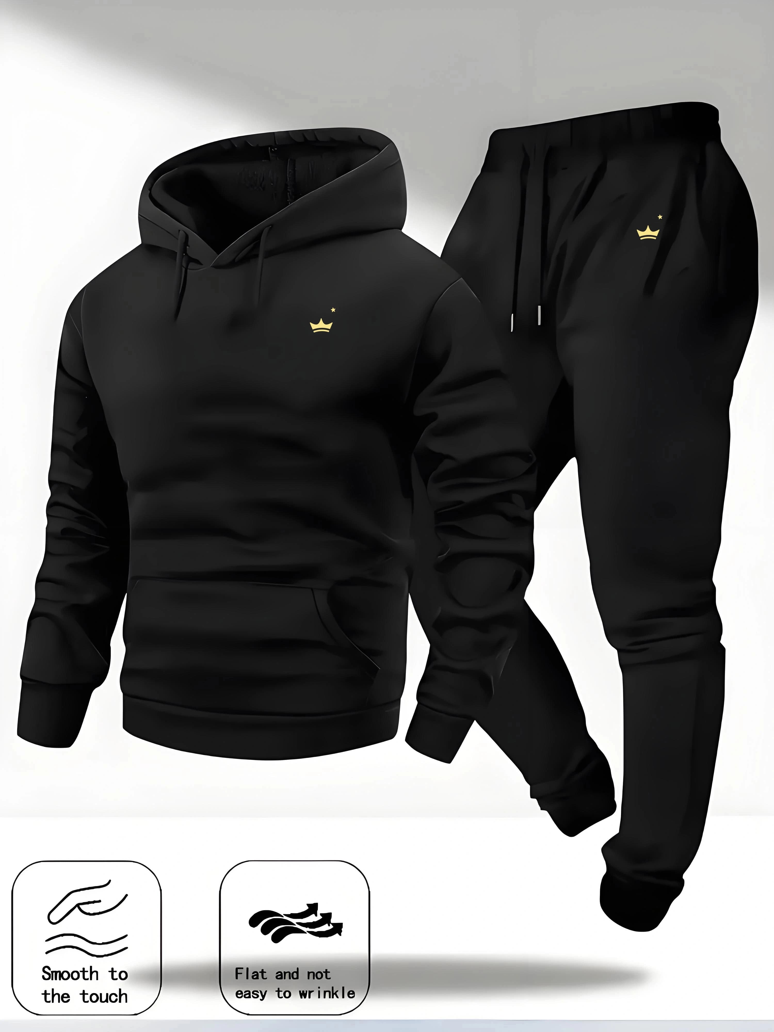 2026 Hot Sale Men's Crown Printed Tracksuit Hoodie Sweatshirt Pants Set Spring Autumn Winter Warm Casual Sportswear Jogger Suit