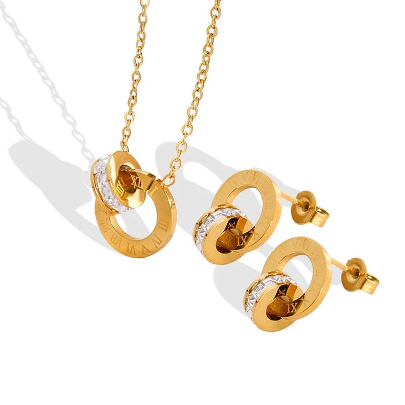 18K Gold Plated Stainless Steel Roman Numeral with Zircon Jewelry Set European Women Interlocking Ring Necklace Earrings Gift