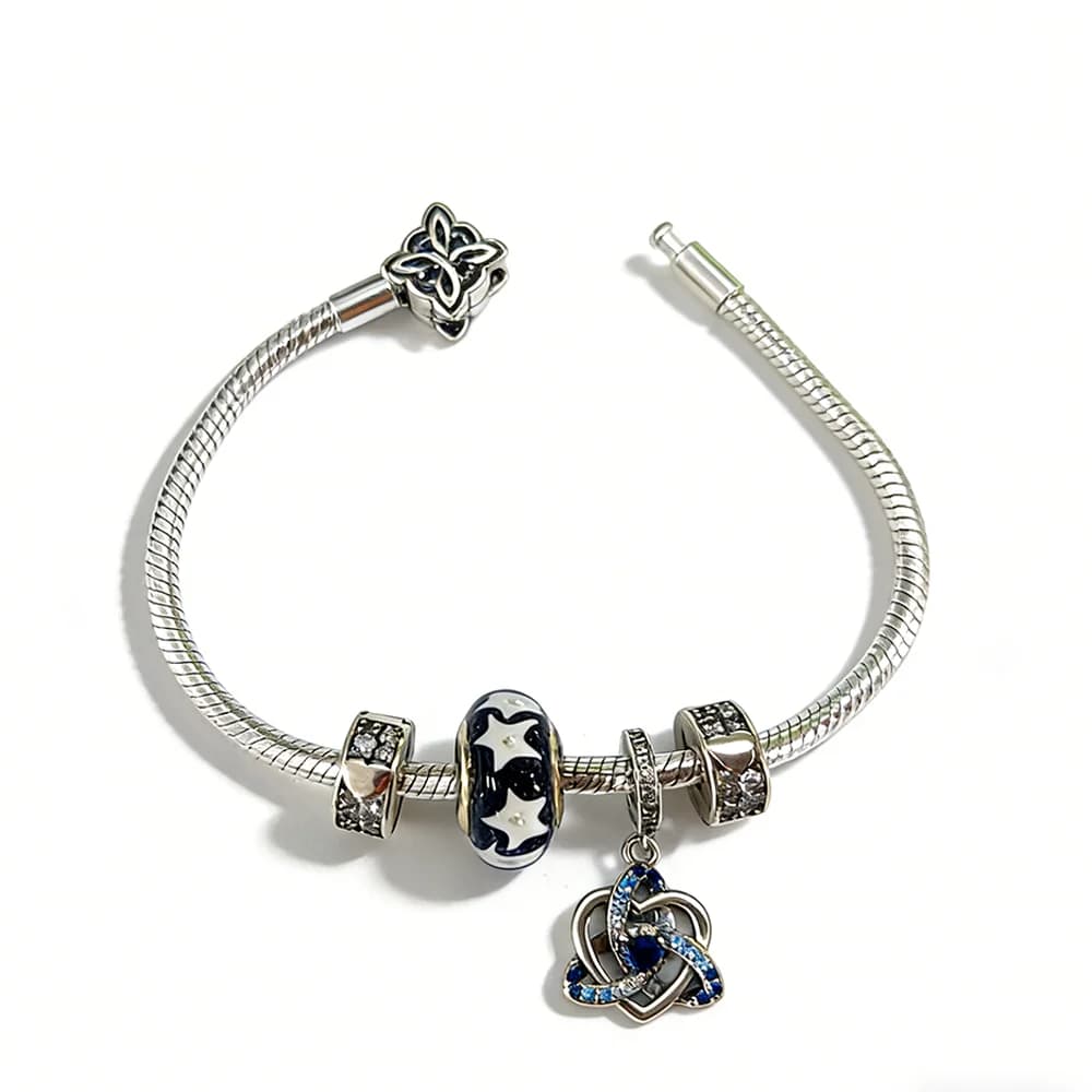 Original 925 Silver Jewelry Set Celtic Knot Pendant Bracelet Blue Zircon Pendant Love Star Murano Glass Beads DIY Gift with Box