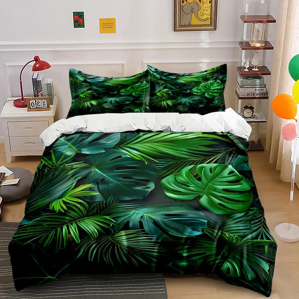 Set di biancheria da letto con stampa di foglie tropicali verde smeraldo, morbido e confortevole, include 1 copripiumino e 2 federe, regali di lusso