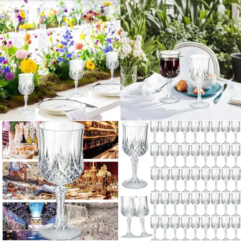 Set di 48 Bicchieri da Vino in Plastica Trasparente, Calici Riutilizzabili Stile Vintage per Feste e Brindisi Nuziali