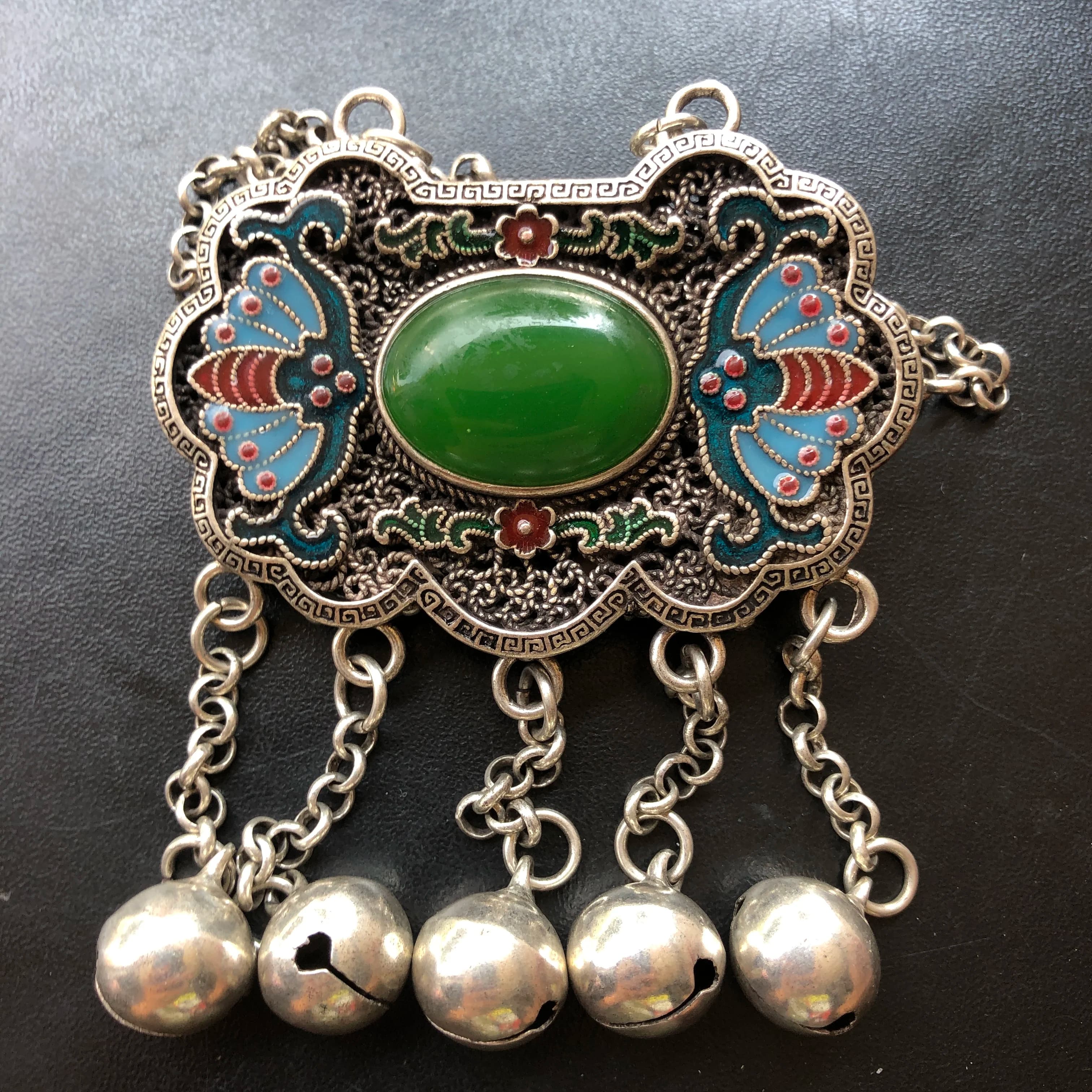 Vintage Tibetan Silver Lock Pendant Enamel Bat Pattern Inlaid Green Stone Tassel Bells Long Necklace Retro Chinese Ethnic Statem