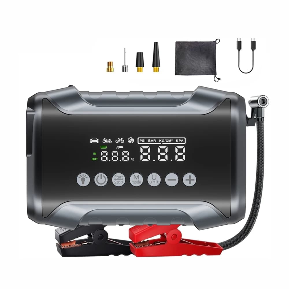 Avviatore d'Emergenza 6-IN-1 per Auto con Compressore d'Aria, Potenza di Picco 5000A, Booster per Batteria Auto, Pompa d'Aria 150PSI, Power Bank Portatile, Gonfiatore Pneumatici