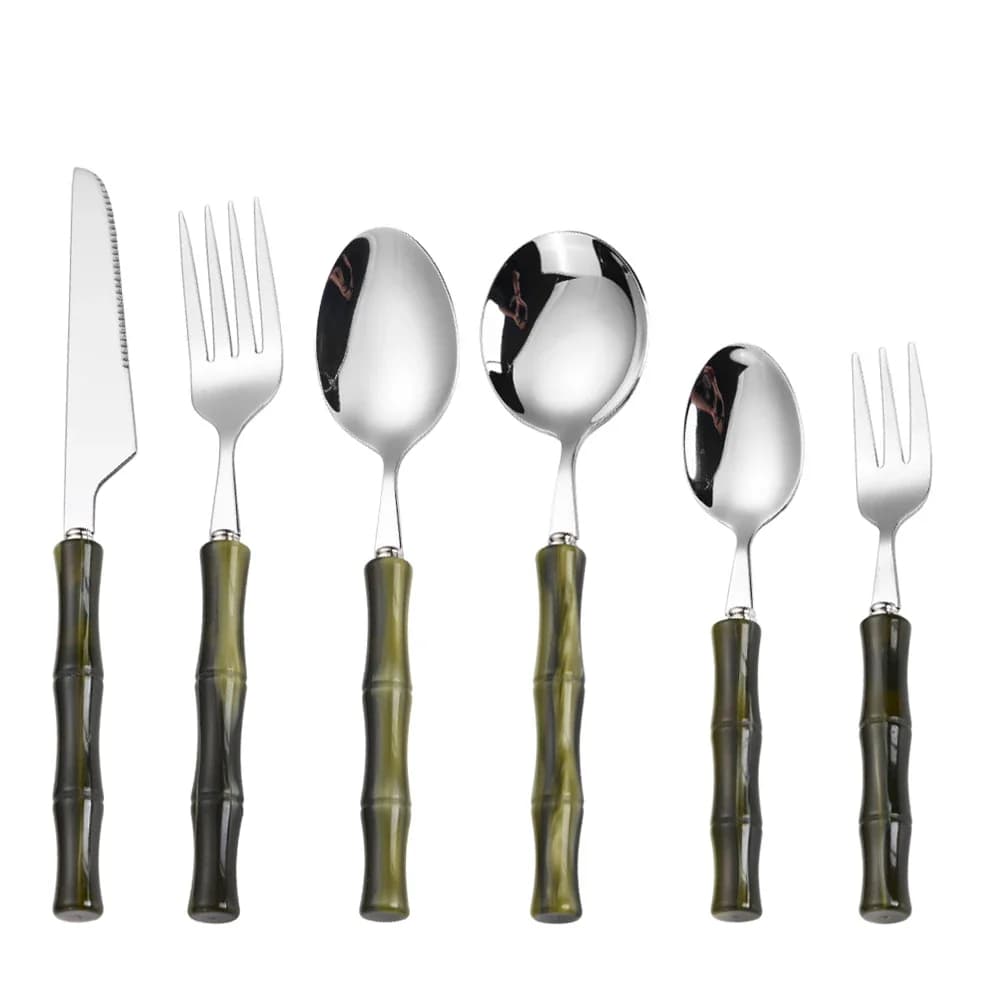 Set di Posate in Acciaio Inox con Manico in Acrilico Verde Argento, 6 Pezzi, per Cucina Occidentale