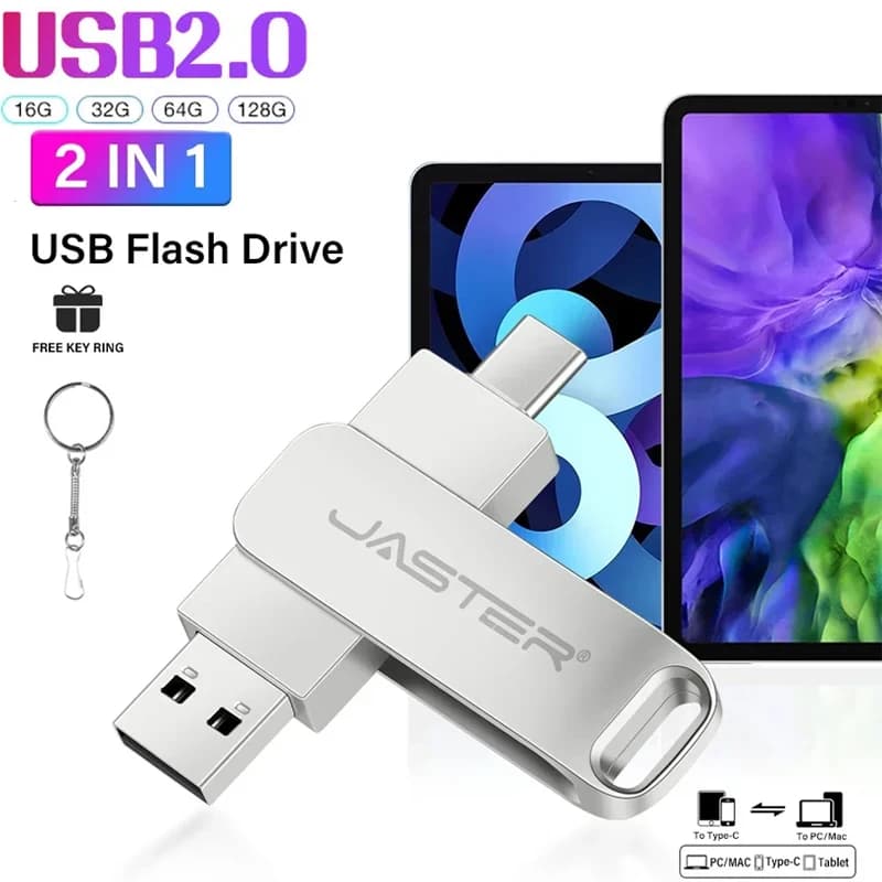 Chiavetta USB JASTER TYPE-C 2 in 1 Memory Stick girevole in metallo da 64 GB Pen Drive argento da 32 GB Portachiavi gratuito da 16 GB Chiavetta USB da 8 GB