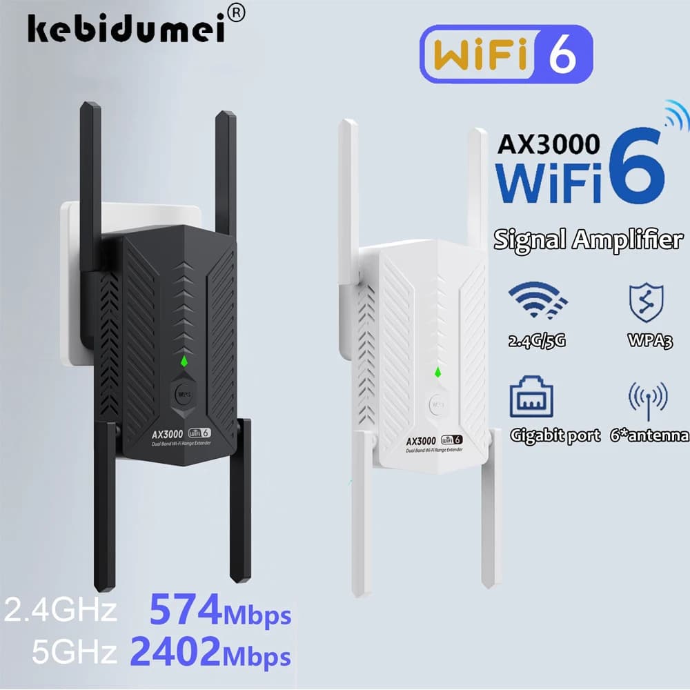 Kebidumei Ripetitore WiFi 6 3000Mbps, Router Wireless Dual Band 2.4/5GHz, Amplificatore WIFI Gigabit a Lungo Raggio, Estensore di Rete
