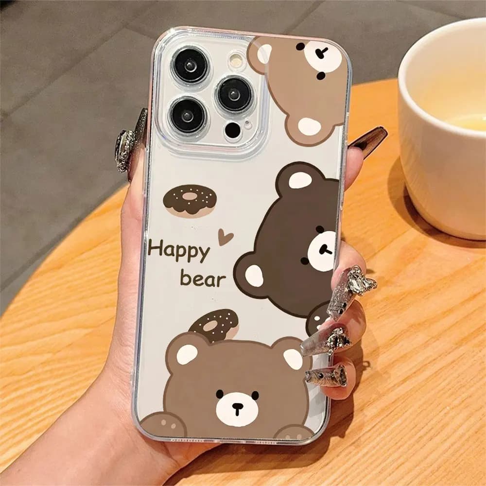 Clear Phone Case For iPhone 18 17 Air 16 15 14 13 12 11 Pro Xs Max Mini 8 7 6 6s Plus XR 17e 16e Cute Happy Bear Silicone Cover