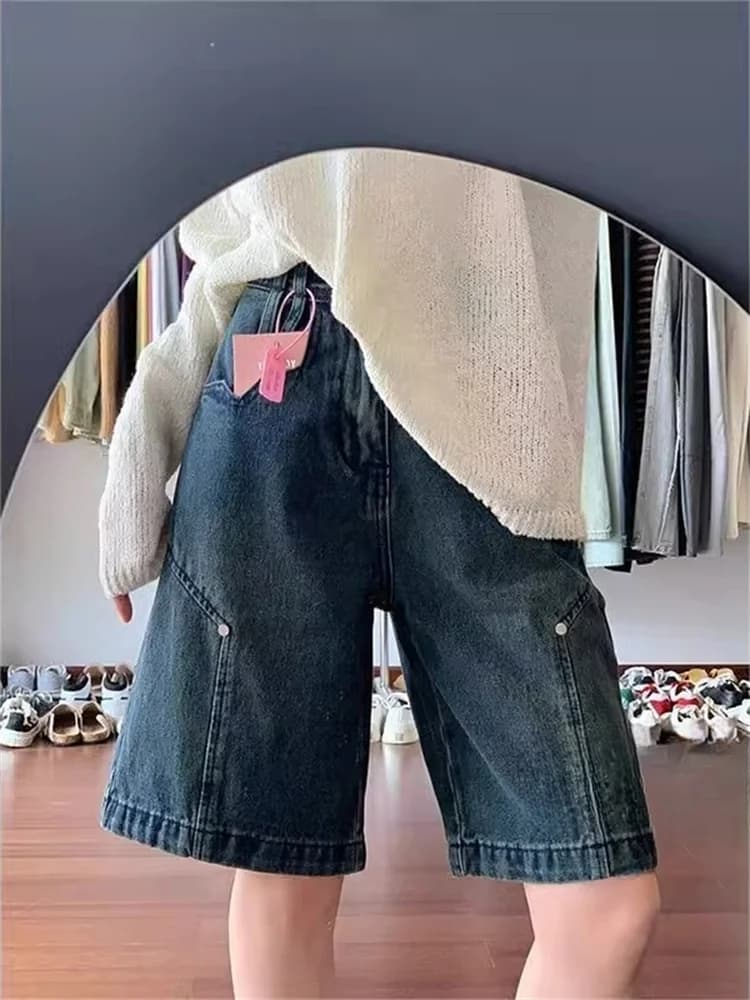 Retro American Large Size Jeans Women's Loose Straight Leg Wide Leg Pants High Waist Five-Quarter Length Summer Wear