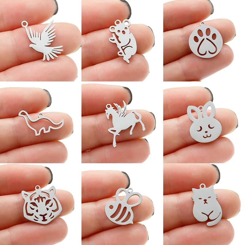 5pc/lot Stainless Steel Animal Charms for Jewelry Making Supplies Tiger Bee Cat Horse Birds Pendant Bracelet Necklace Accessorie