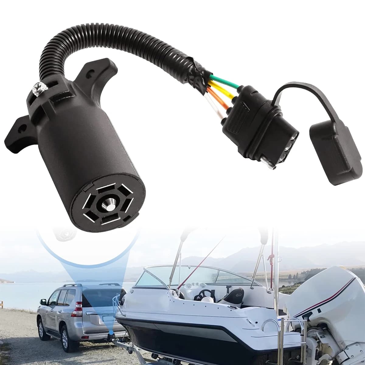 Adapter for trailer plug, from 7 pin to 4 pin with waterproof hood, blade connector with 7-way round plug converts into flat 4-way female socket