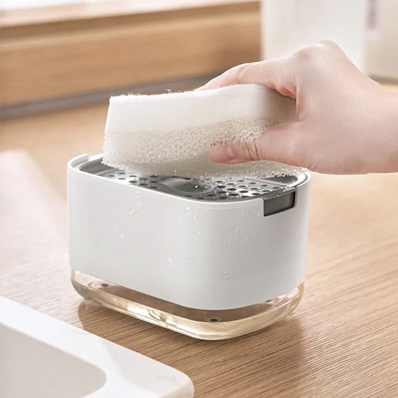 Scatola dispenser di sapone Dispenser a pressa Contenitore per liquidi per lavaggio Cucina Bagno Scatola automatica per schiuma detergente con supporto per spugna