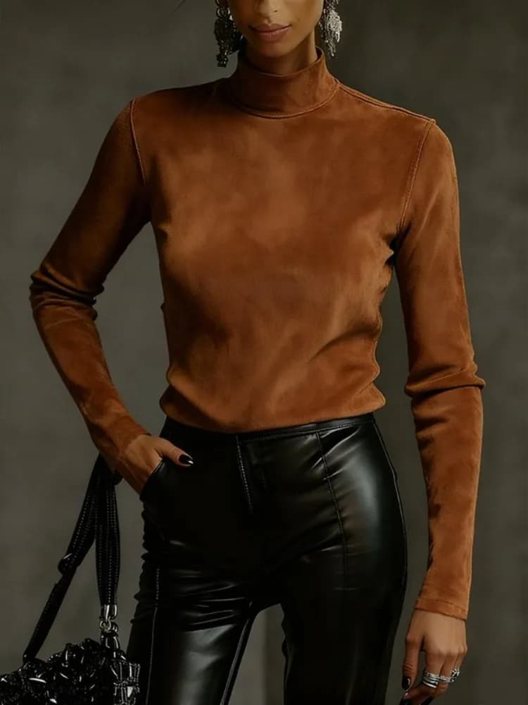 Women's Brown Velvet Mock Neck Long Sleeve T-shirt Top 2026 Stylish Slim Fit Elegant Blouse Spring and Autumn Casual Tops