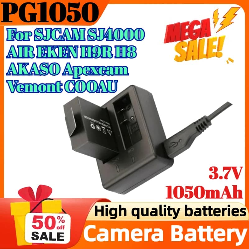 PG1050 3.7V 1050mAh Per SJCAM SJ4000 AIR EKEN H9R H8 AKASO Apexcam Vemont COOAU Ricaricabile Action Camera Batteria Doppio Caricatore