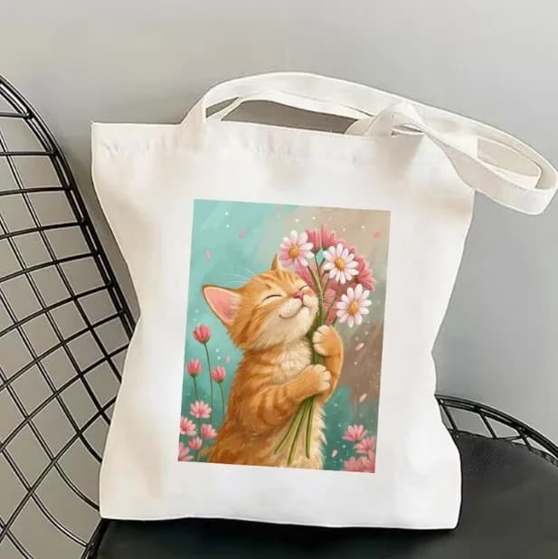 Cute Ginger Cat Hugging Chrysanthemum Bun Canvas Handbag Shoulder Bag Suitable for Women and Girls Fashion Shopping Grocery Bag