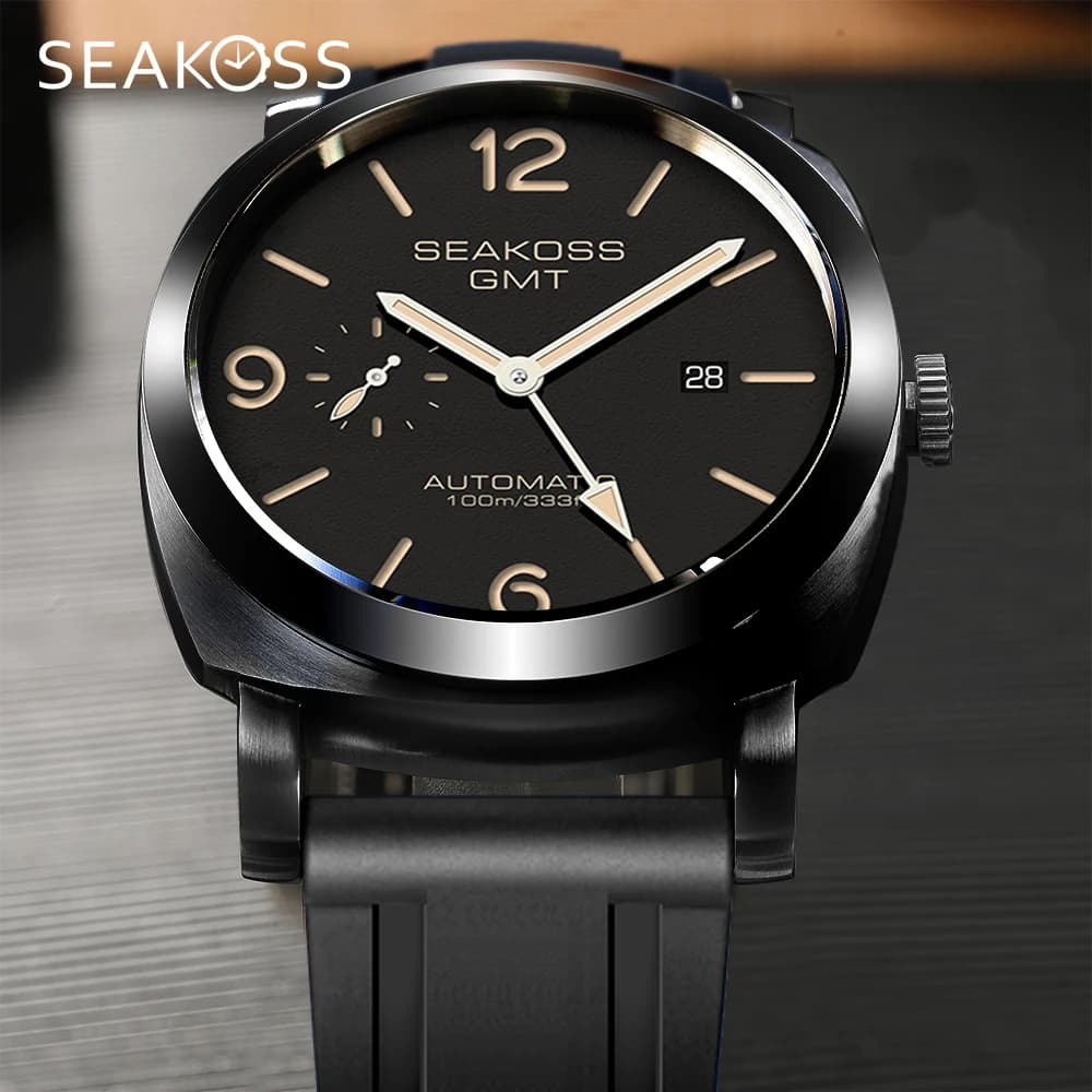 SEAKOSS 100m Diving Men GMT Orologi meccanici automatici 1963 Orologio 2557 Movimento a gabbiano Orologi da polso con zaffiro super luminoso
