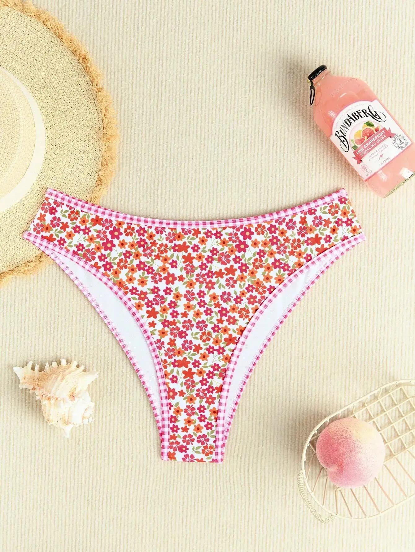 Set bikini sexy da donna con stampa floreale e bordo in gingham con dettaglio ad anello circolare