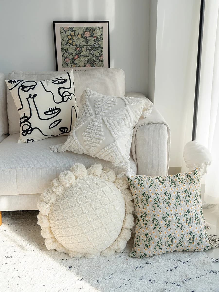 Fodera per cuscino ricamata stile rustico con piccole margherite, decorativa per divano, letto, testiera, cuscino decorativo per la casa