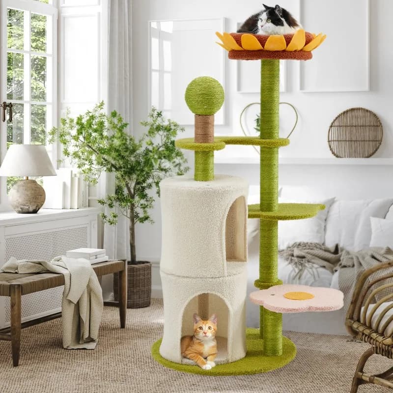 EROMMY Albero per gatti girasole alto 44'' - Torre per gatti da interni multilivello con sfera in sisal, tiragraffi e condo, verde