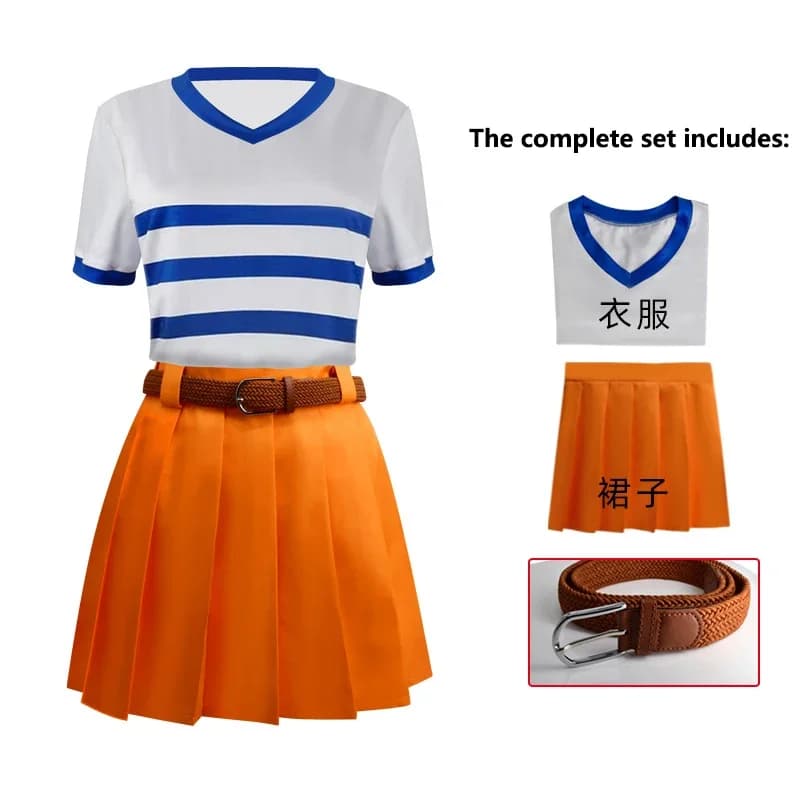 Nami Cosplay Costume Women V-neck Blue White Striped T-shirt Casual Short-Sleeve Top Short Skirts Belt Outfits Halloween Suit