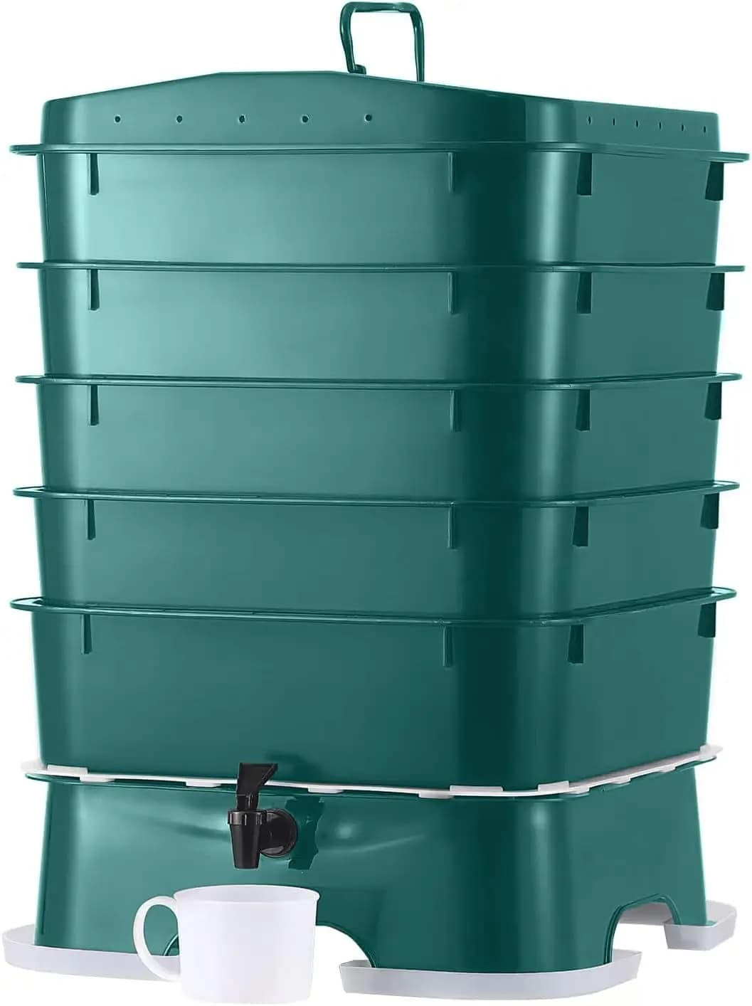 Composter a 5 Vassoi per Vermi – Sistema a Flusso Continuo per Uso Interno ed Esterno, Riciclatore di Rifiuti Organici, Verde Scuro