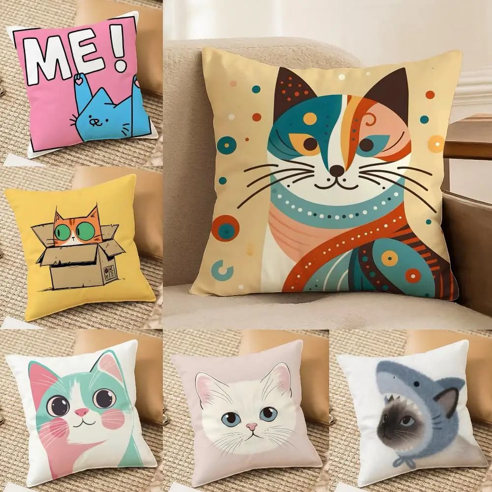 Cute pink cat pattern Cushion Cover Double-Sided Plush Sofa Cushion Covers Organic Breathable Invisible Zipper
