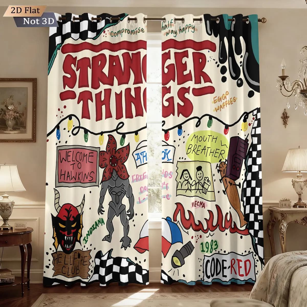 Tenda a tema Stranger Things da 2 pezzi per camera da letto, soggiorno, privacy e decorazione in stile pop culture. Migliora l'estetica spaziale.