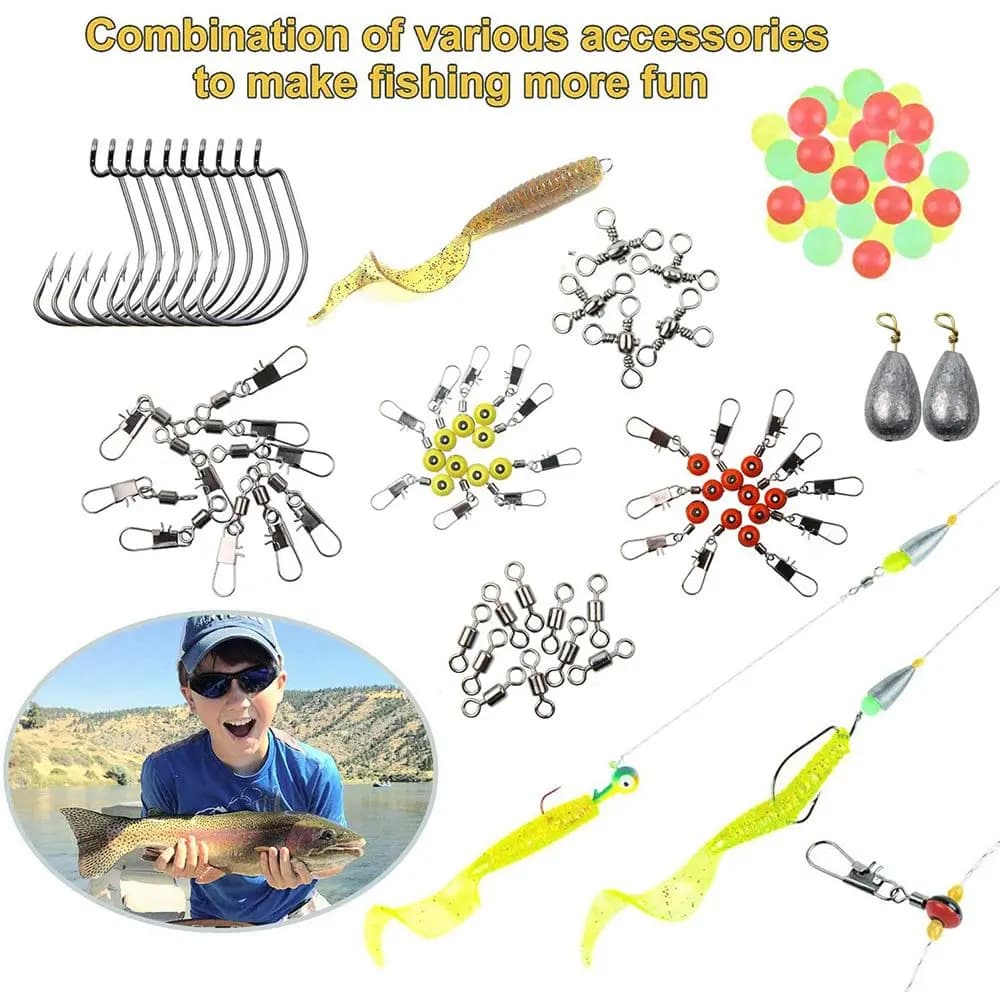 Kit of 160 Pieces for Fishing: Jig Hooks, Spins with Beads, Tools and Fishing Boxes