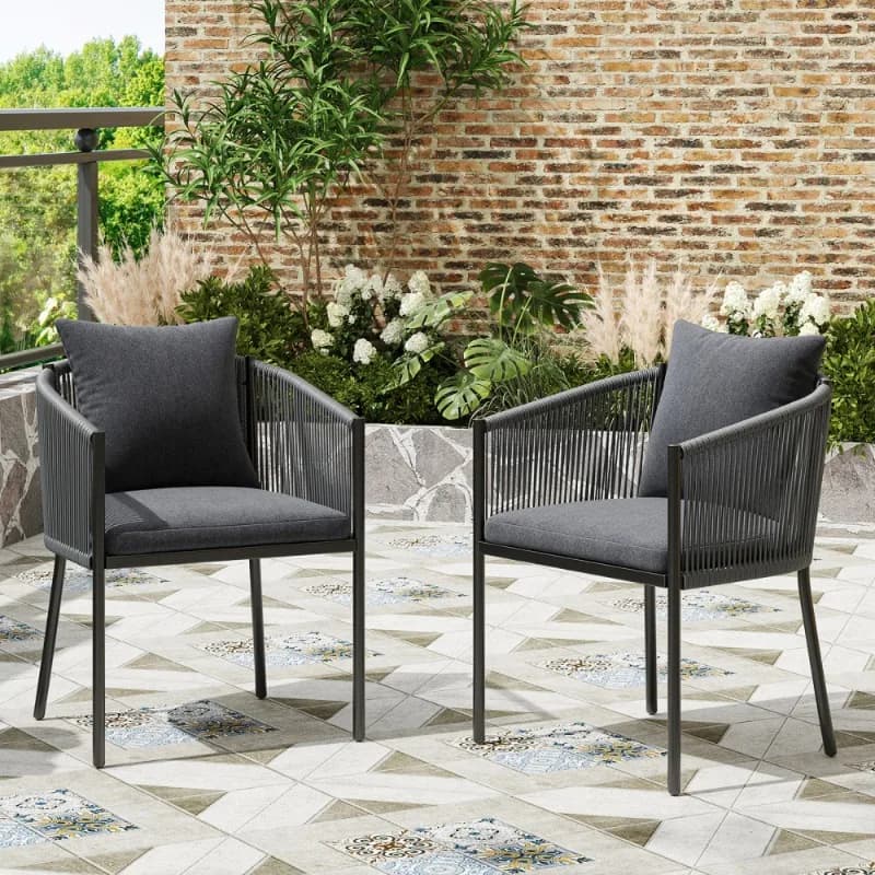 Set di 2 sedie da giardino grigie per esterni con cuscini per giardino, cortile, sedie a sdraio moderne con struttura in metallo, mobili da esterno