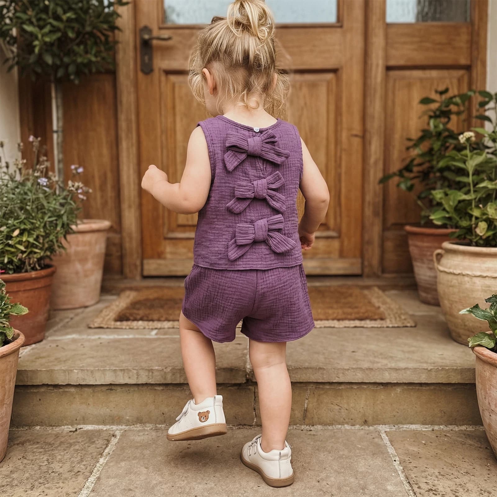 0-4Y Toddler Girls Solid Color Outfits Back Bows Sleeveless Vest Tops Shorts 2Pcs Sets Summer Kids Clothes For Daily Casual