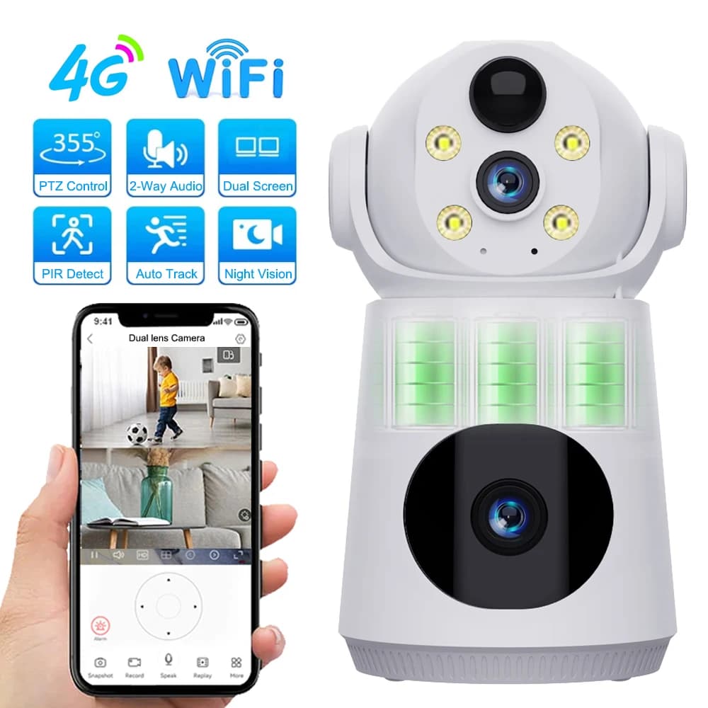 Telecamera IP 8MP 4K 4G/WiFi Doppia lente Doppio schermo Batteria a basso consumo Baby Monitor PIR Rilevazione umana Telecamera di sicurezza per visione notturna