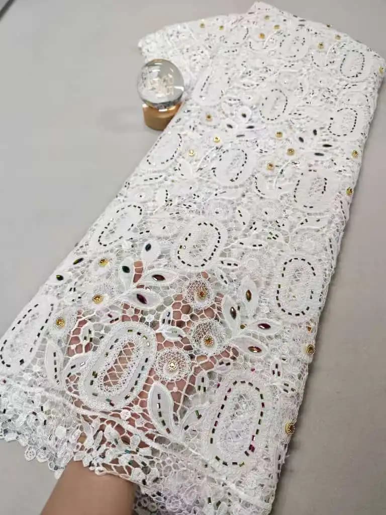 African Nigerian High-Quality Cotton Wedding Tulle Lace Fabric Sequins Water Soluble 5 Yards for Party Dresses Sewing XL207