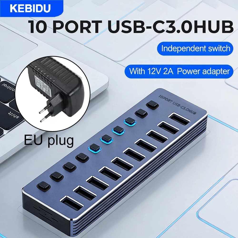 Hub USB 3.0 da 10/7 porte in lega di alluminio Docking station USB Splitter Split Switch con adattatore di alimentazione 12V per tablet telefono MacBook
