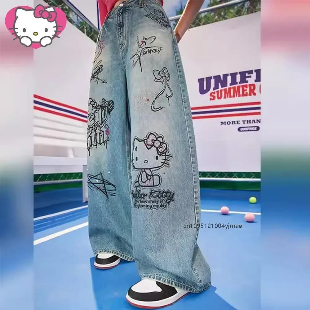 Women's wide pants Hello Kitty Sanrio, Jeans Y2K, Vintage Casual pants in Straight Leg, Cartoon pants for Studentesse