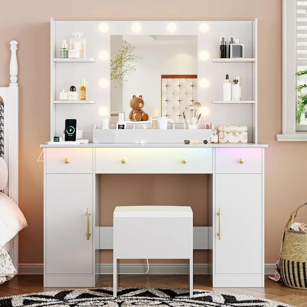 43 White Makeup Vanity Desk with Mirror, Lights, Drawers & Chair, Adjustable LED for Bedroom or Bathroom