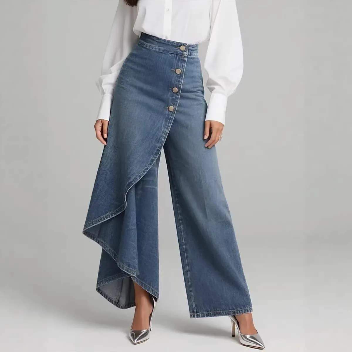 Nuovi Leggings Lunghi 2026 in Tinta Unita con Stampa Imitazione Denim e Bottoni