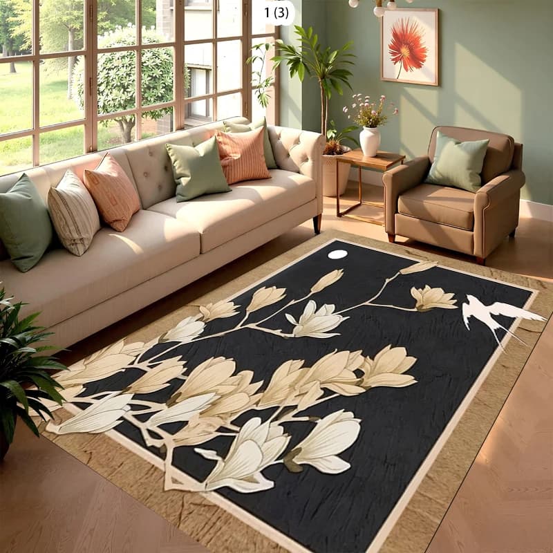 Chinese Style Magnolia Bird Moon Area Rug, Traditional Oriental Floral Print Floor Mat, Non-Slip Bedroom Carpet Floor Mats