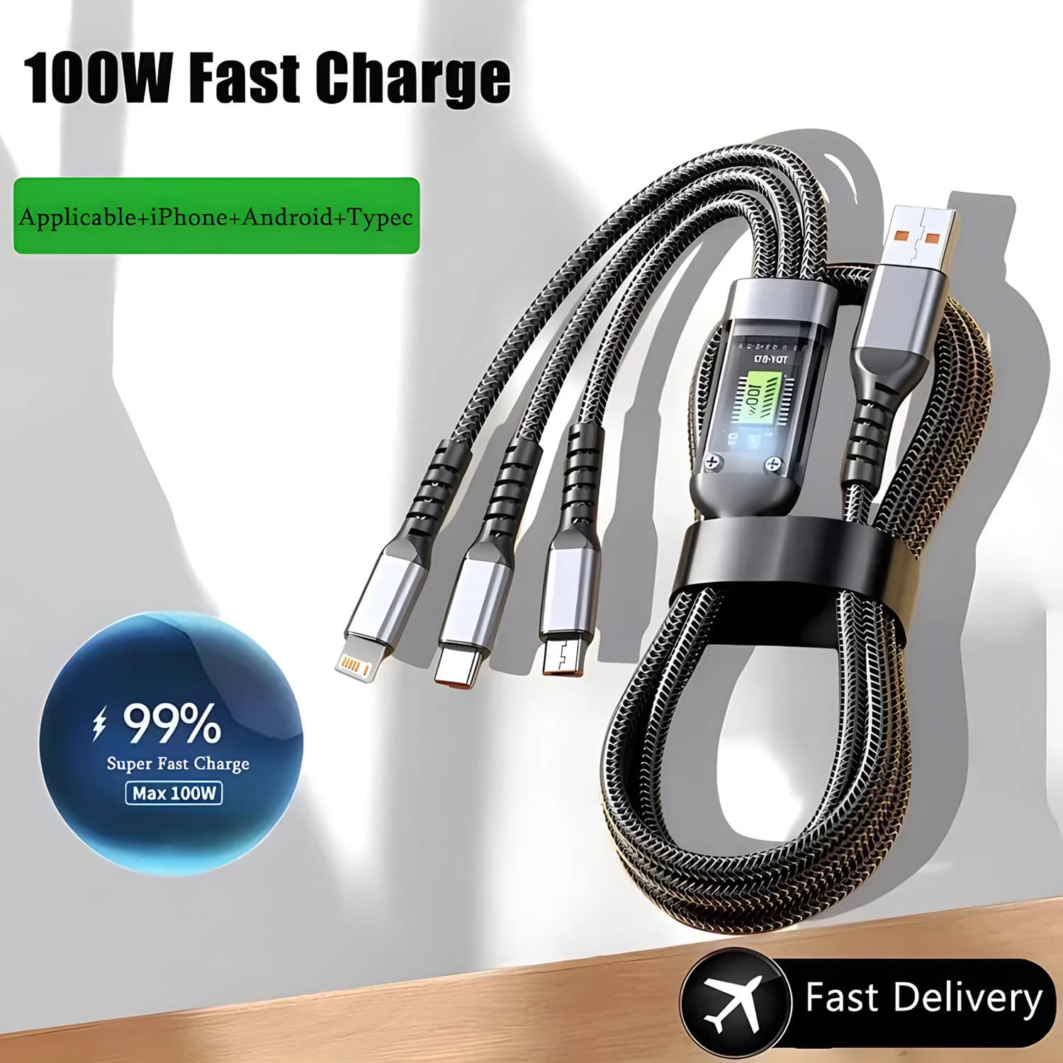 100 W Quick Charging Cable Multi Charger Cable Multi-Plastic USB Charging Cable Nylon Braided Universal Charging Cable Adapter 3 in 1 with Micro Type C