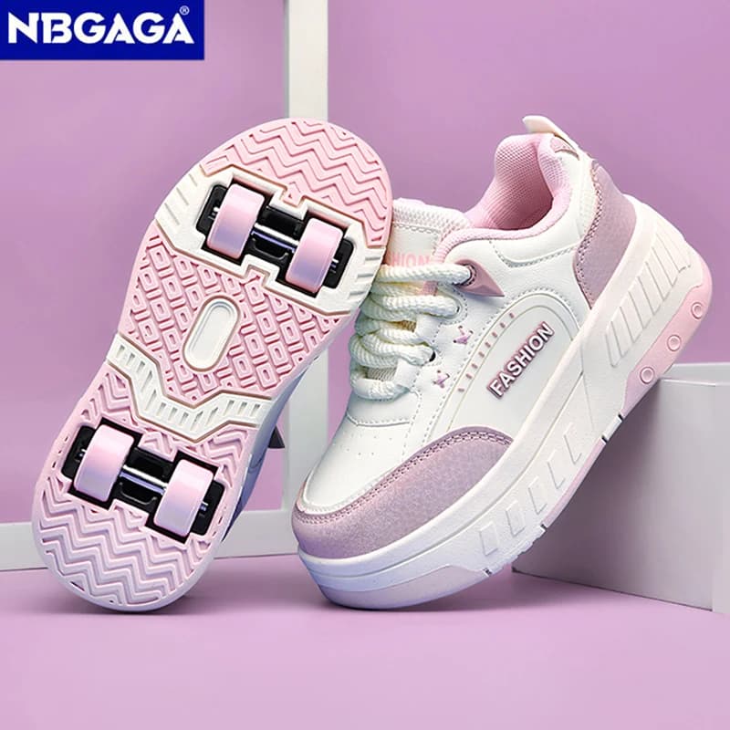 Breathable walking shoes with laces for children and girls, sports sneakers with four fashionable retractable wheels.
