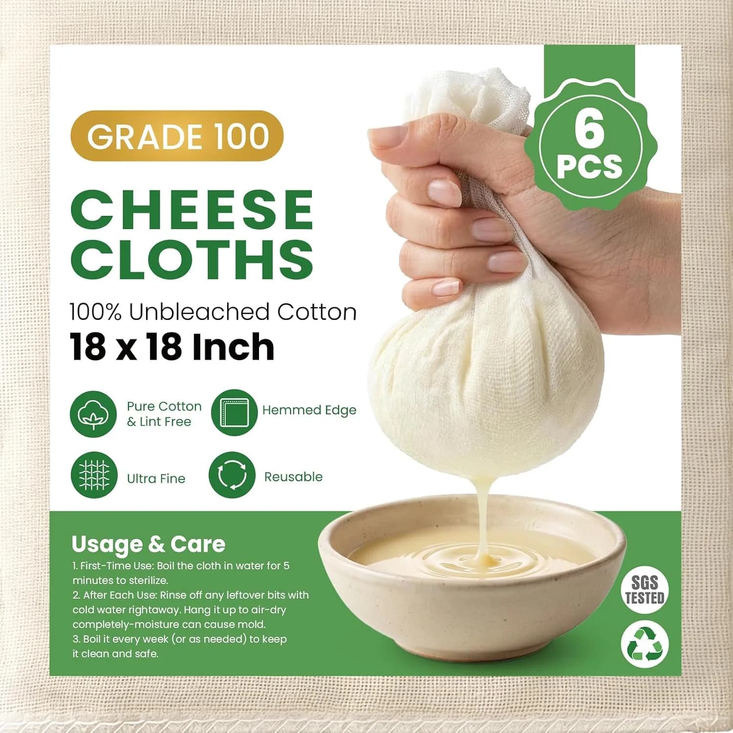 6Pcs Cheese Cloths 18x18 Inch Cheesecloth for Straining Reusable Cheese Cloth Reinforced Edges Cotton Muslin Fabric Strainer