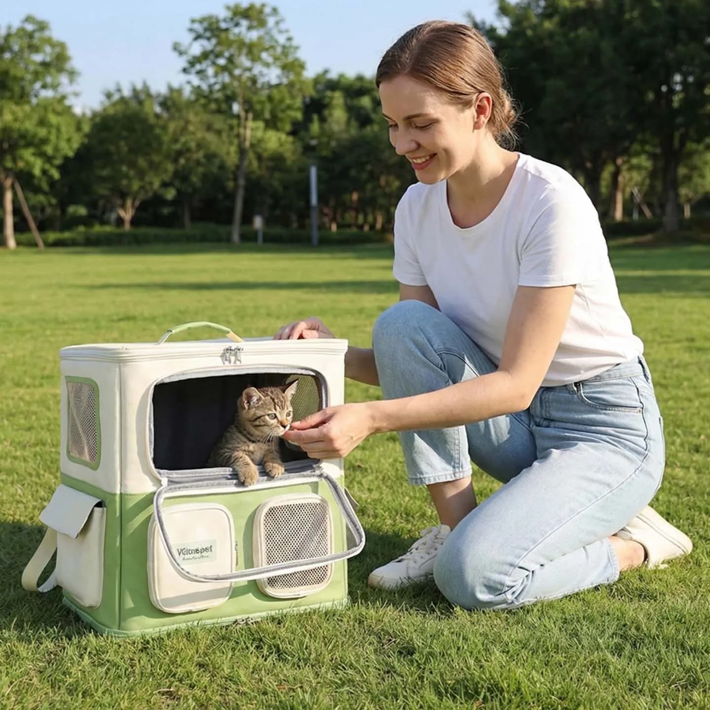 Cute Fashionable Lightweight Pet Backpack, Breathable Spring & Summer Cat Carrier with Trolley Handle, Portable Travel Bag