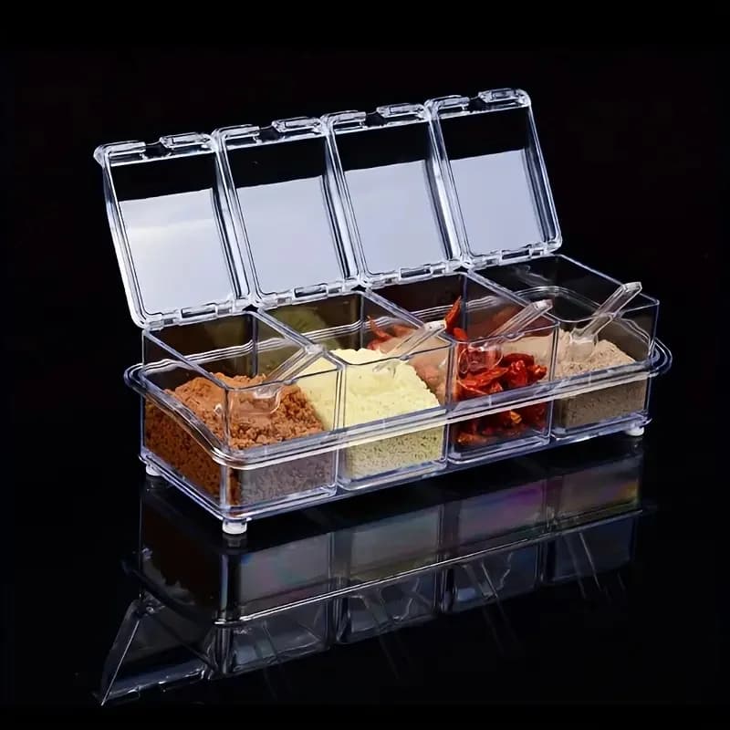 Set di barattoli di spezie in acrilico trasparente da 4 pezzi con cucchiai - Contenitori per condimenti salvaspazio e facile accesso per cucine domestiche e ristoranti