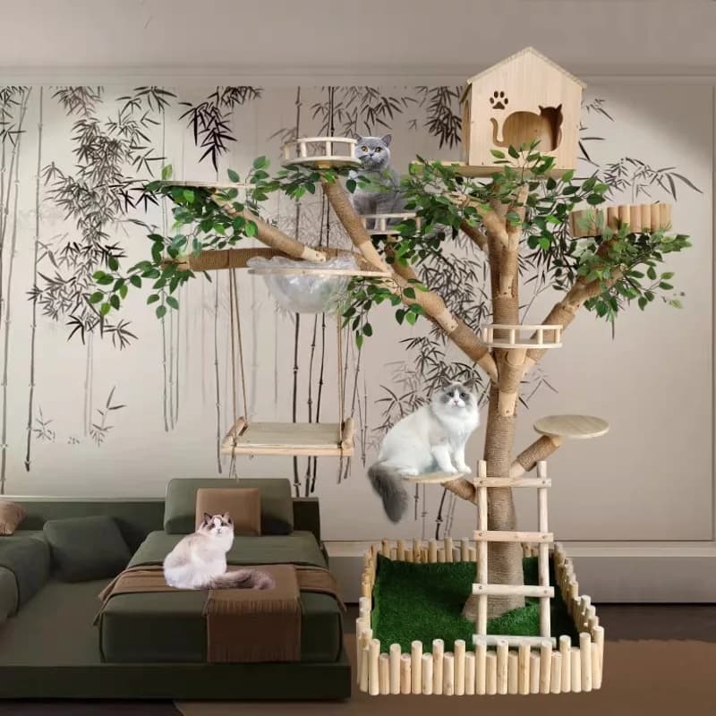 Tiragraffi per gatti resistente all'usura, antiaderente ai peli, con tronco d'albero vero, in legno massello, piattaforma integrata per il salto degli animali domestici
