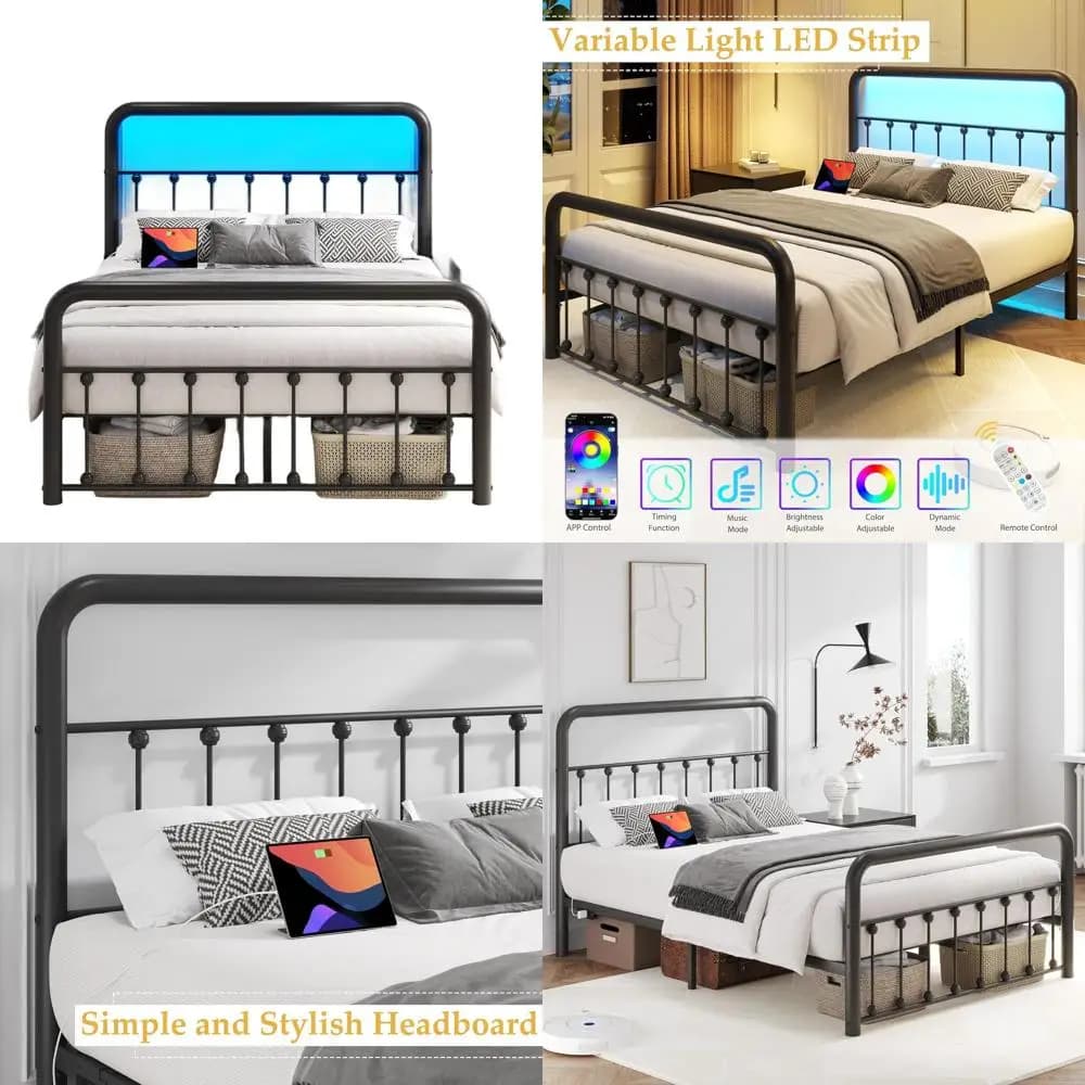Letto a piattaforma classico in metallo da 14 pollici con stazione di ricarica, luce LED, contenitore, senza rete a doghe, silenzioso