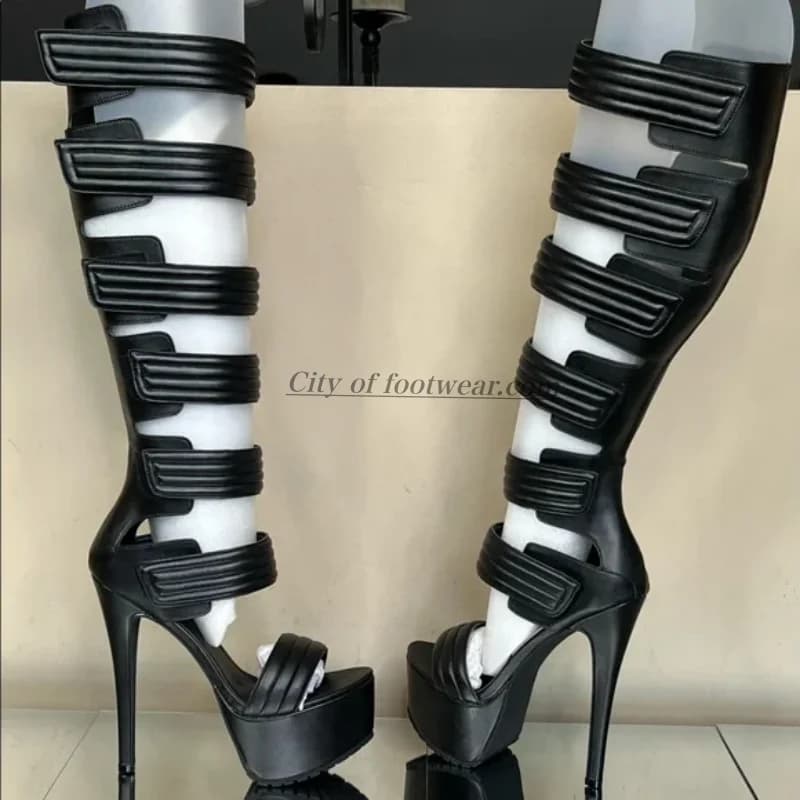 Sexy Women‘s hollow out leather platform sandals cool black/white/pink high heels knee boots luxury designer strange shoes