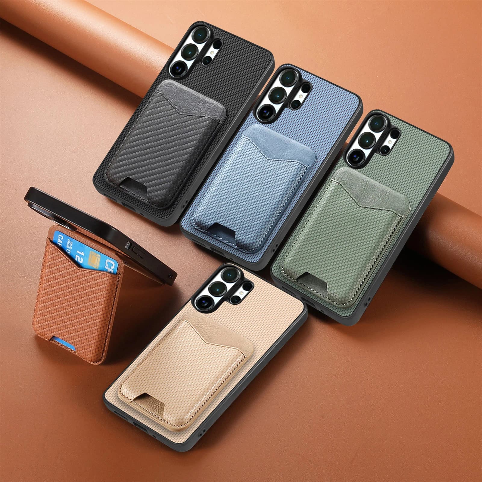 Vertical Carbon Fiber Wallet Case for Samsung S26 S25FE Ultra S24 Plus S23 S22 S21 with Foldable Support