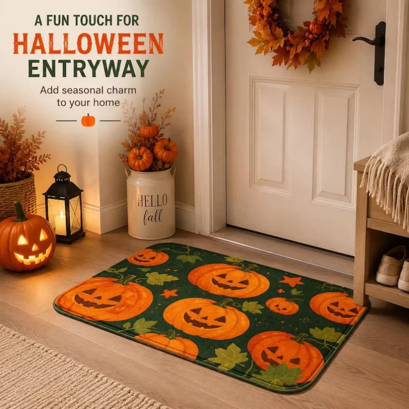 VIKAMA Halloween Jack O Lantern Pumpkin Door Mat Soft Fluffy Non Slip Entryway Bathroom Floor Mat Home Decor