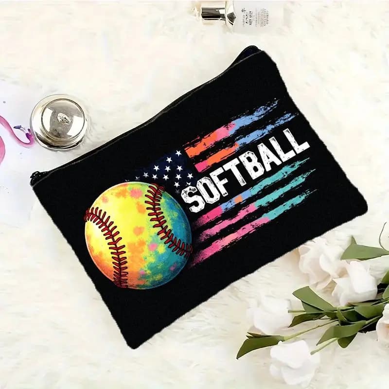 Borsa per il trucco con design a tema baseball e bandiera americana - Pochette multifunzionale con cerniera per donna, perfetta borsa da viaggio con cerniera, divertente regalo di compleanno