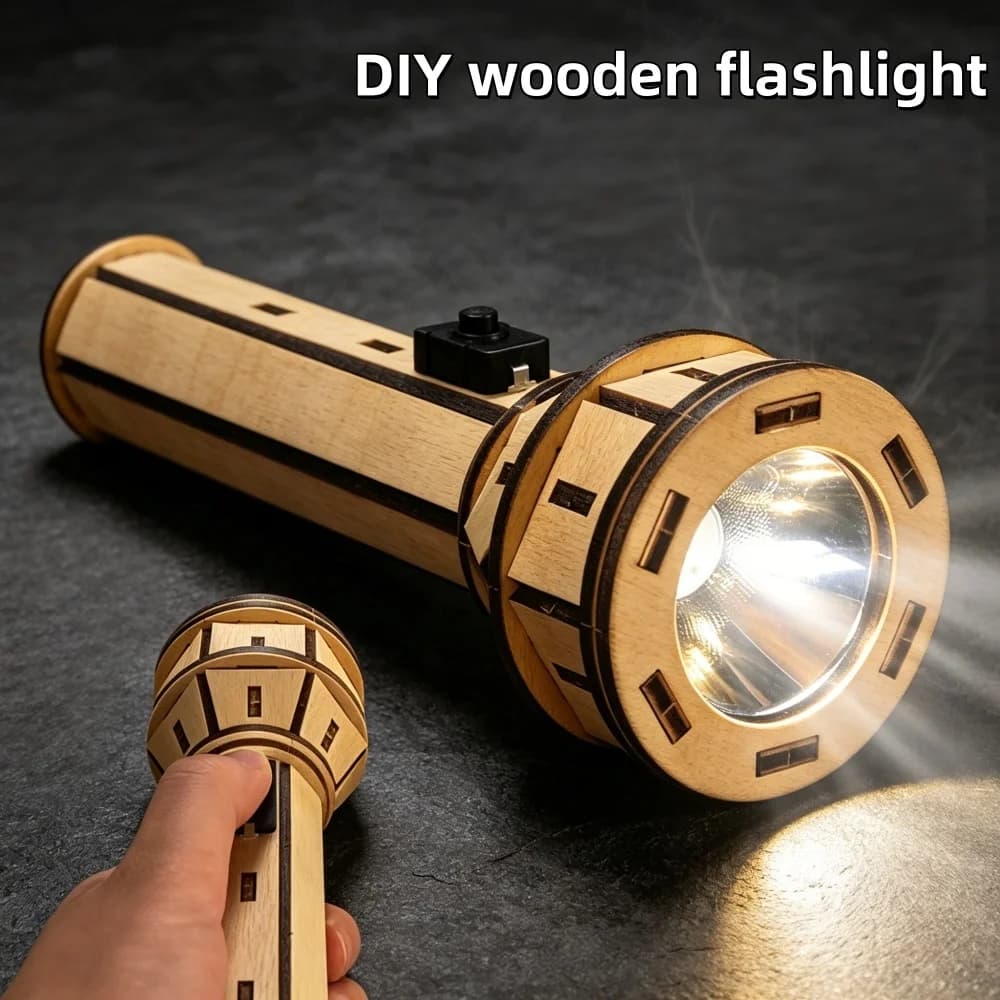 Wooden DIY Flashlight Puzzle Kit STEM Educational Handmade Assembly Physical Science Project for Hobbyists and Decor Use