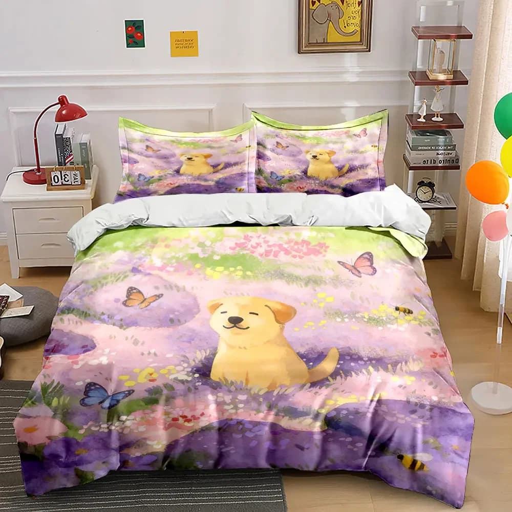 Dog-Themed Spring Field Decor Soft Comfortable Duvet Cover Bedding Set Included 1*Duvet Cover & 2*Pillowcases, gift