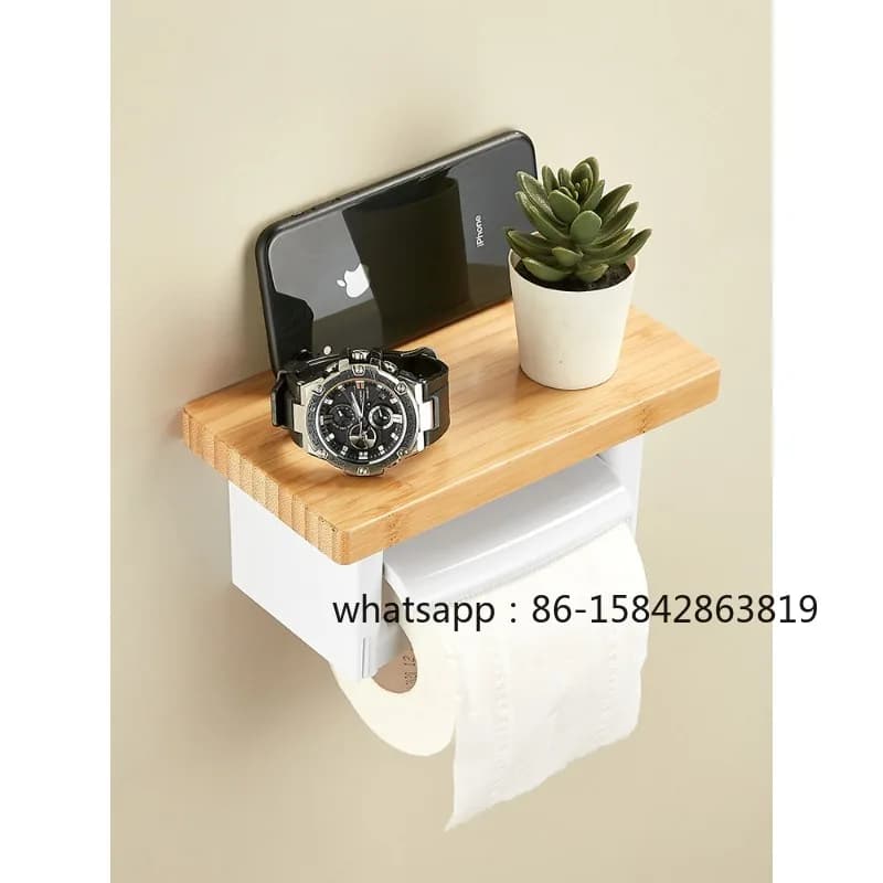 No-Drill Toilet Paper Holder, Japanese Style Solid Wood Wall Hanging Tissue Rack, Punch-Free Roll Holder for Bathroom Restroom